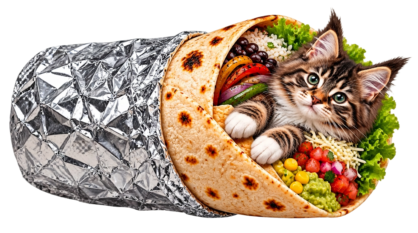 A foil-wrapped Purrito with a kitten nestled inside